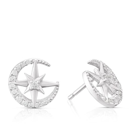 Sterling Silver Cubic Zirconia Moon & Star Celestial Stud Earrings