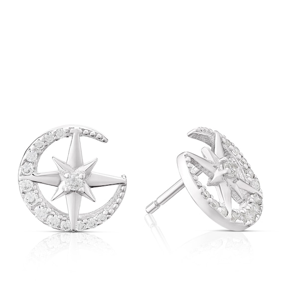 Sterling Silver Cubic Zirconia Moon and Star Celestial Stud 