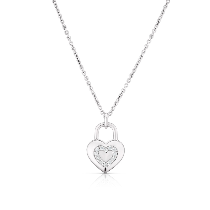Main Image 1 of Sterling Silver Cubic Zirconia Heart Padlock Pendant Necklace