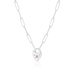 Sterling Silver Heart Padlock Pendant Paper link Chain Necklace
