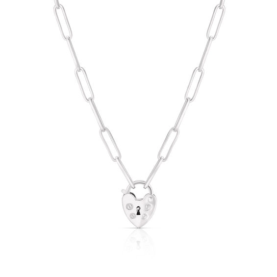 Sterling Silver Heart Padlock Pendant Paper link Chain Neckl