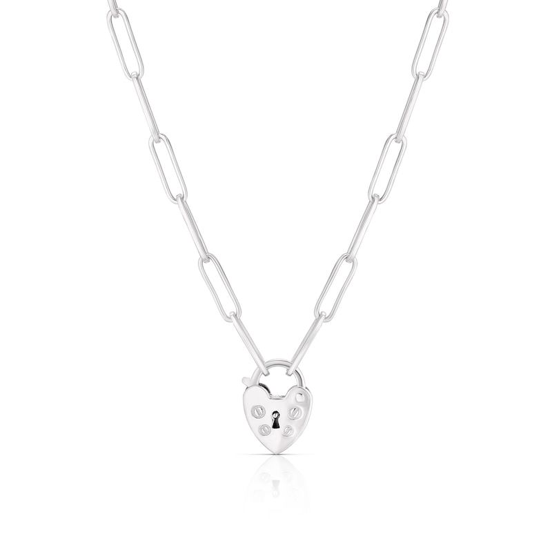Main Image 1 of Sterling Silver Heart Padlock Pendant Paper link Chain Necklace