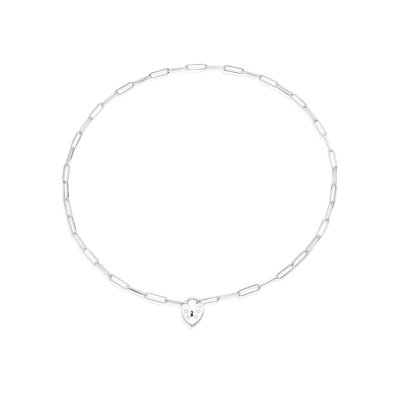 Main Image 2 of Sterling Silver Heart Padlock Pendant Paper link Chain Necklace