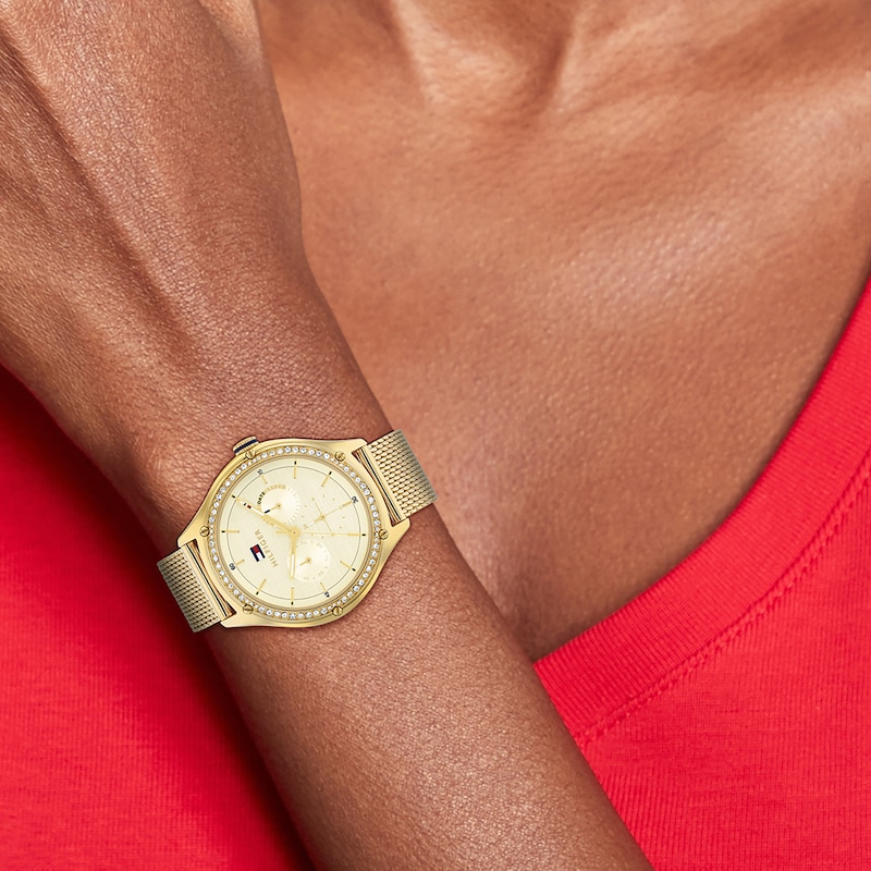 Main Image 4 of Tommy Hilfiger Ladies' Stone Set Bezel Gold Tone Mesh Strap Watch