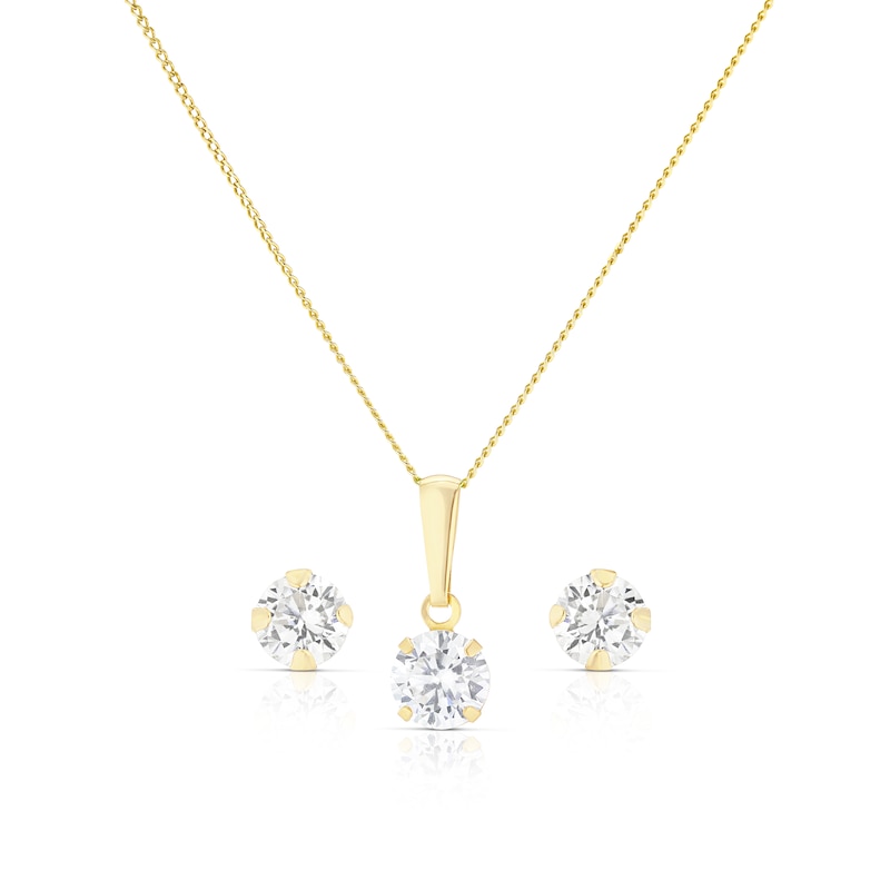 Main Image 1 of 9ct Yellow Gold Cubic Zirconia Solitaire Pendant And Earrings Jewellery Set