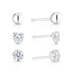 Sterling Silver Round & Heart CZ And 5mm Ball Set of 3 Stud Earrings