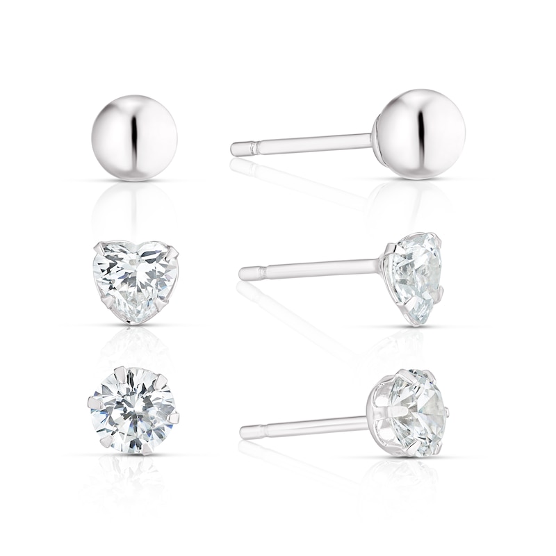 Main Image 1 of Sterling Silver Round & Heart CZ And 5mm Ball Set of 3 Stud Earrings