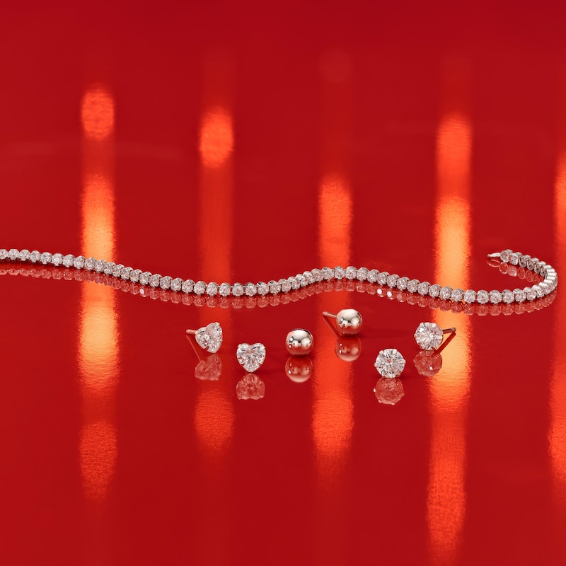 Main Image 3 of Sterling Silver Round & Heart CZ And 5mm Ball Set of 3 Stud Earrings