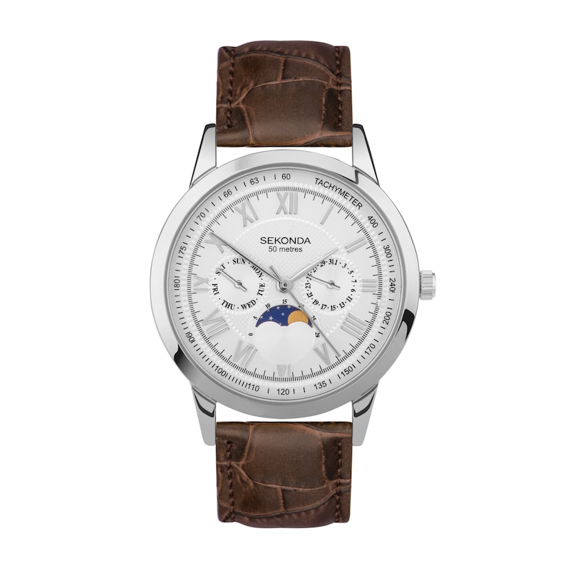 Sekonda Moonphase Men's White Dial Brown Leather Strap Watch