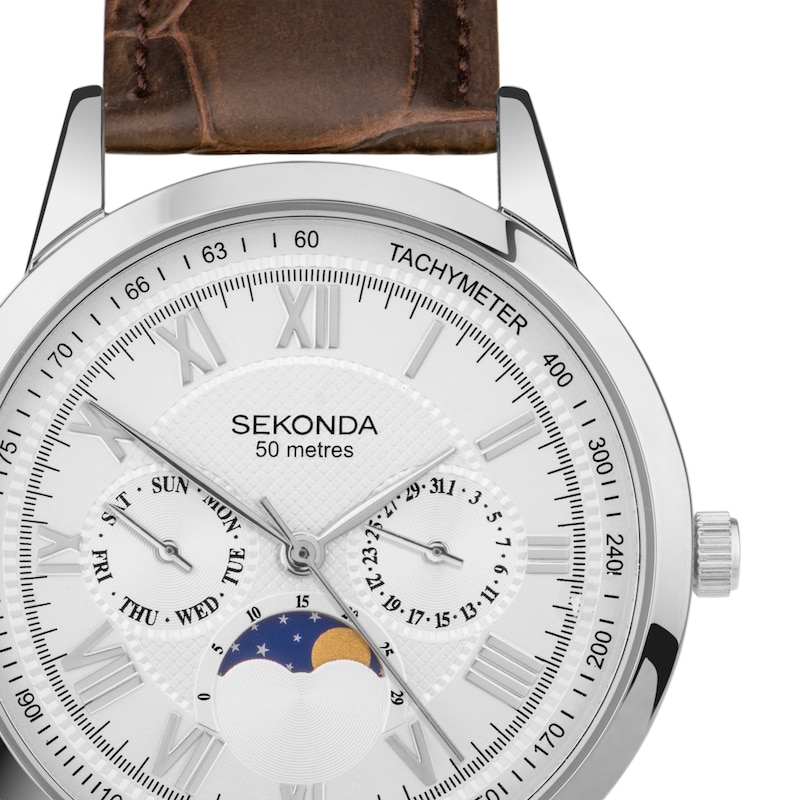 Sekonda Moonphase Men's White Dial Brown Leather Strap Watch