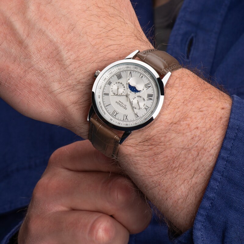 Main Image 6 of Sekonda Moonphase Men's White Dial Brown Leather Strap Watch