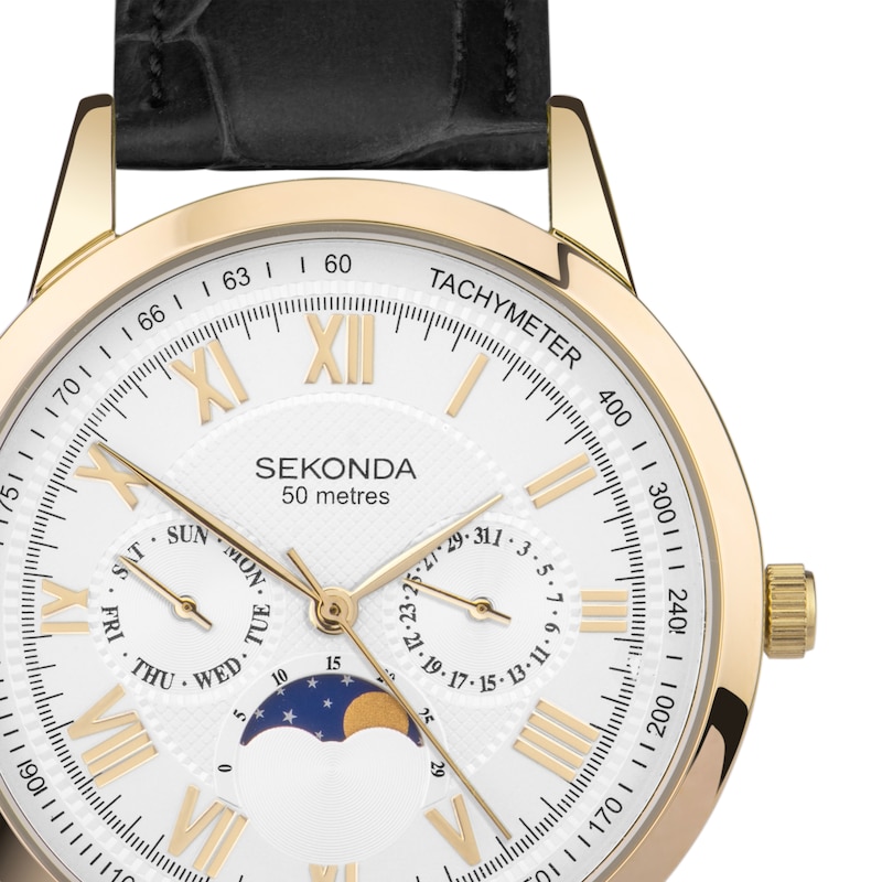 Main Image 2 of Sekonda Moonphase Men's White Dial Black Leather Strap Watch