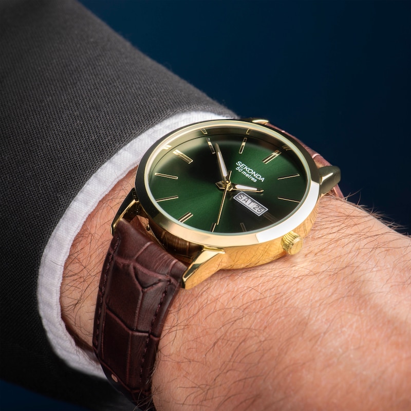 Main Image 6 of Sekonda Classic Men's Green Dial Brown Leather Strap Watch