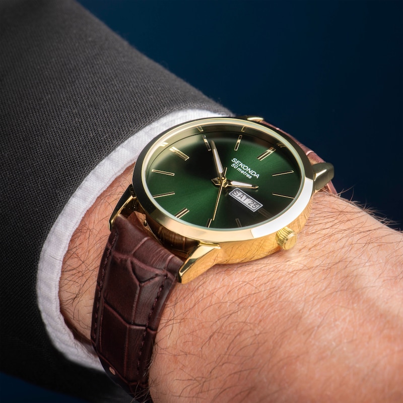 Sekonda Classic Men's Green Dial Brown Leather Strap Watch