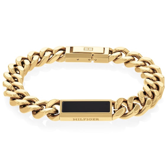 Tommy Hilfiger Men's Oynx Gold Plated Curb Chain Bracelet | H.Samuel