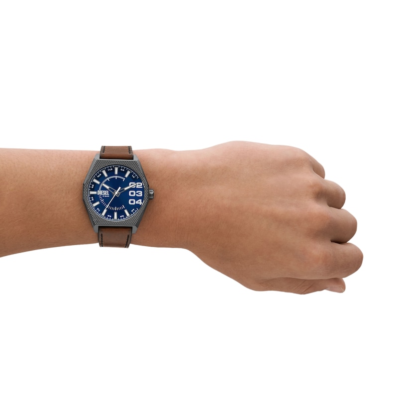 Main Image 4 of Diesel Scraper Men's Blue Dial & Brown Leather Strap Watch