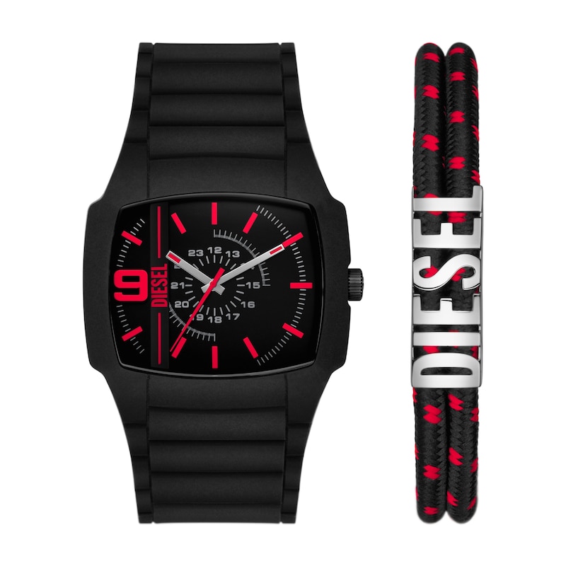 Diesel Cliffhanger 2.0 Men's Black Silicone Strap Watch & Logo Bracelet Set