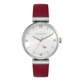 Olivia Burton Ladies' Minima Bee Silver Dial Cranberry Leather Strap Watch