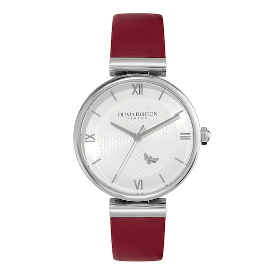 Olivia Burton Women's Minima Bee Silver Dial Cranberry Leather Strap Watch