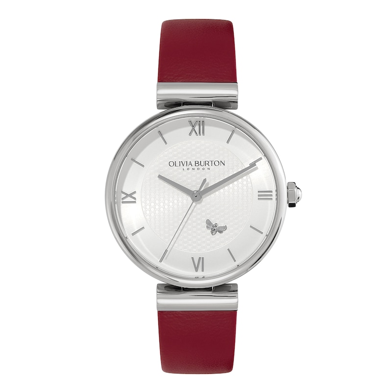 Olivia Burton Ladies' Minima Bee Silver Dial Cranberry Leather Strap Watch