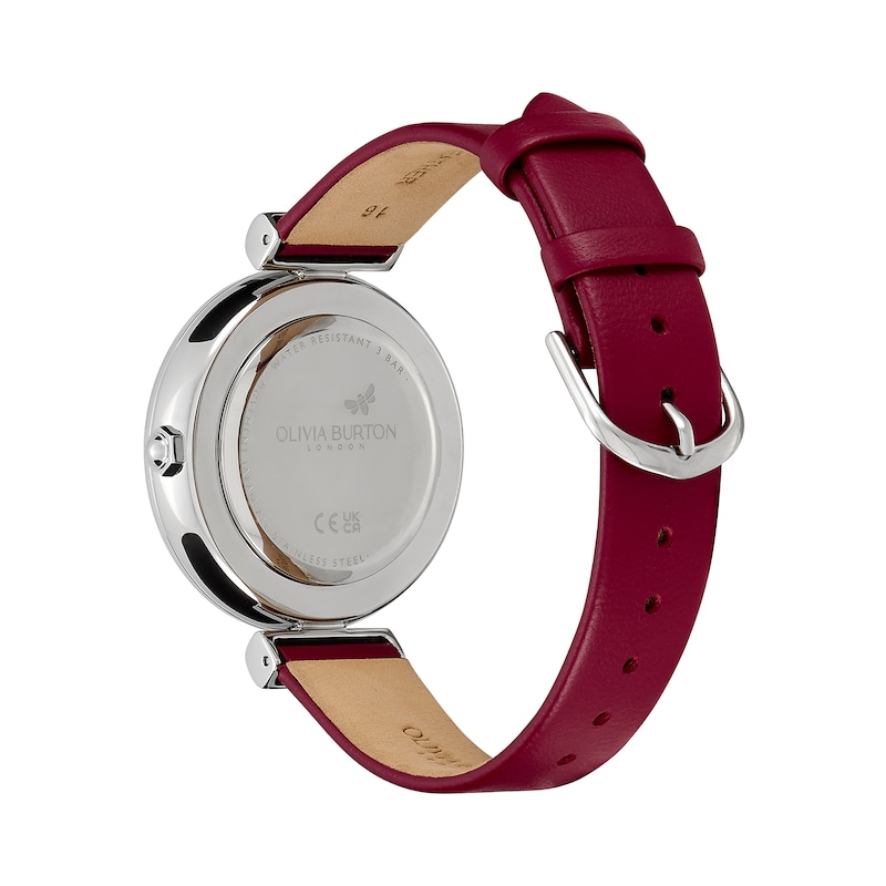 Olivia Burton Ladies' Minima Bee Silver Dial Cranberry Leather Strap Watch