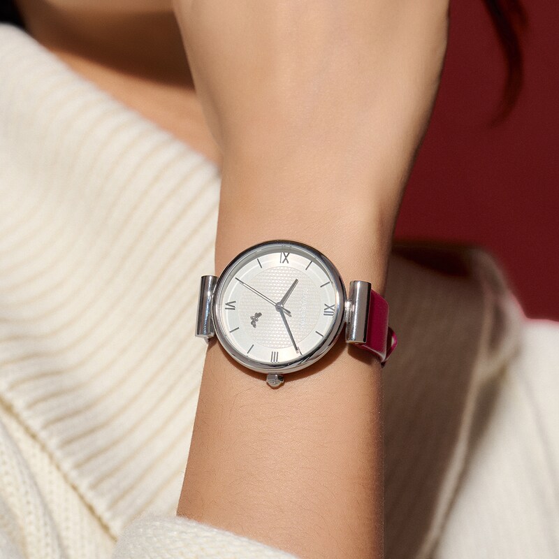 Olivia Burton Ladies' Minima Bee Silver Dial Cranberry Leather Strap Watch