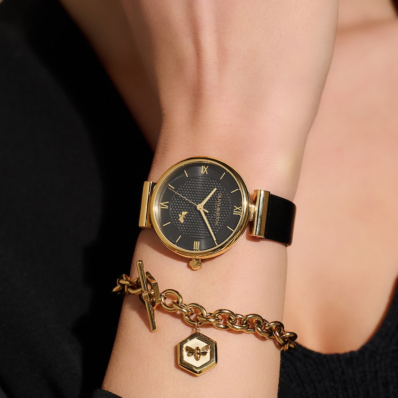 Main Image 7 of Olivia Burton  Minima Bee Ladies' T Bar Black Leather Strap Watch