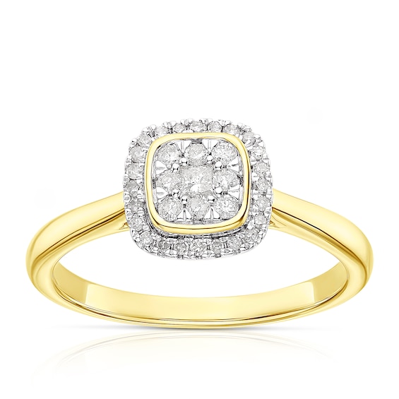 Engagement Ring 9ct Yellow Gold Cushion Cluster 0.20ct Diamond Ring
