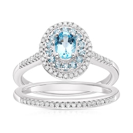 Perfect Fit 9ct White Gold Blue Topaz Oval Double Halo 0.15ct Diamond Bridal Set