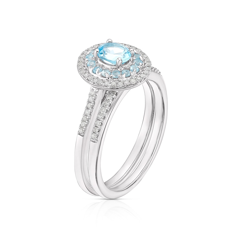 Perfect Fit 9ct White Gold Blue Topaz Oval Double Halo 0.15ct Diamond Bridal Set