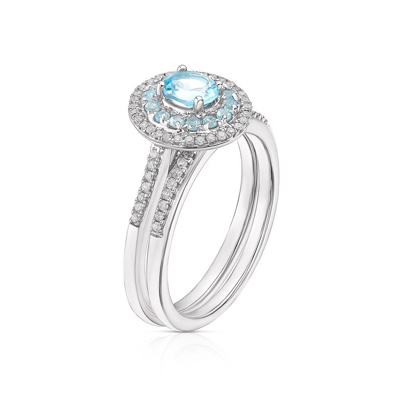 Perfect Fit 9ct White Gold Blue Topaz Oval Double Halo 0.15ct Diamond Bridal Set