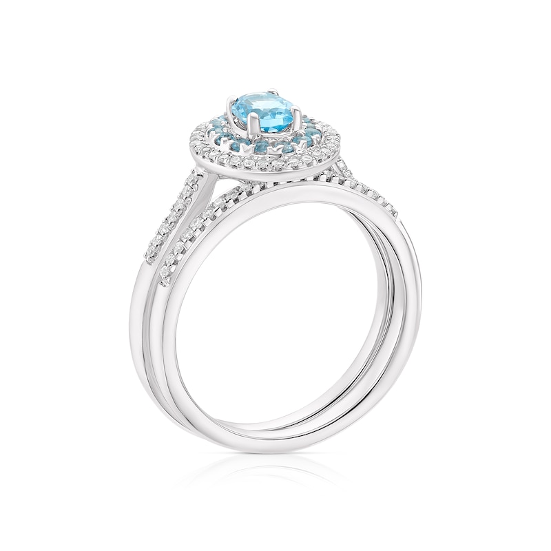 Perfect Fit 9ct White Gold Blue Topaz Oval Double Halo 0.15ct Diamond Bridal Set