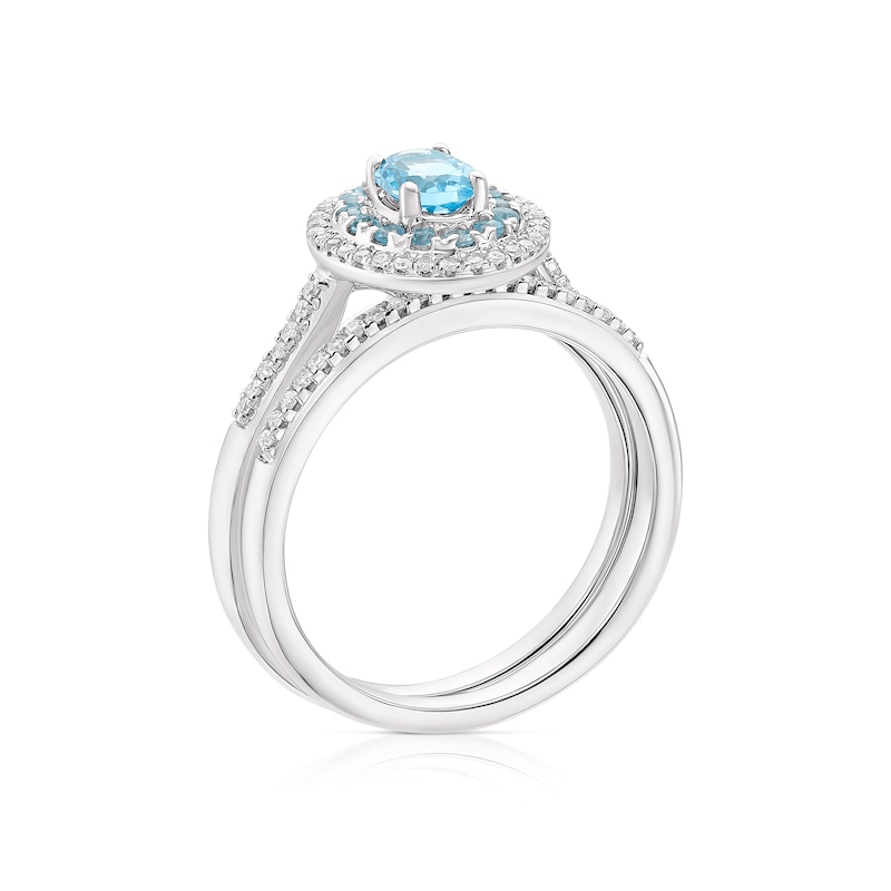 Main Image 3 of Perfect Fit 9ct White Gold Blue Topaz Oval Double Halo 0.15ct Diamond Bridal Set