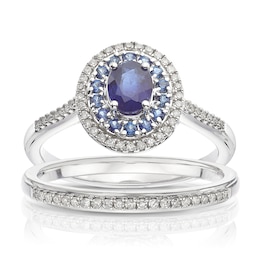 Perfect Fit 9ct White Gold Sapphire Oval Double Halo 0.15ct Diamond Bridal Set