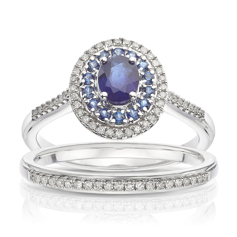 Main Image 1 of Perfect Fit 9ct White Gold Sapphire Oval Double Halo 0.15ct Diamond Bridal Set