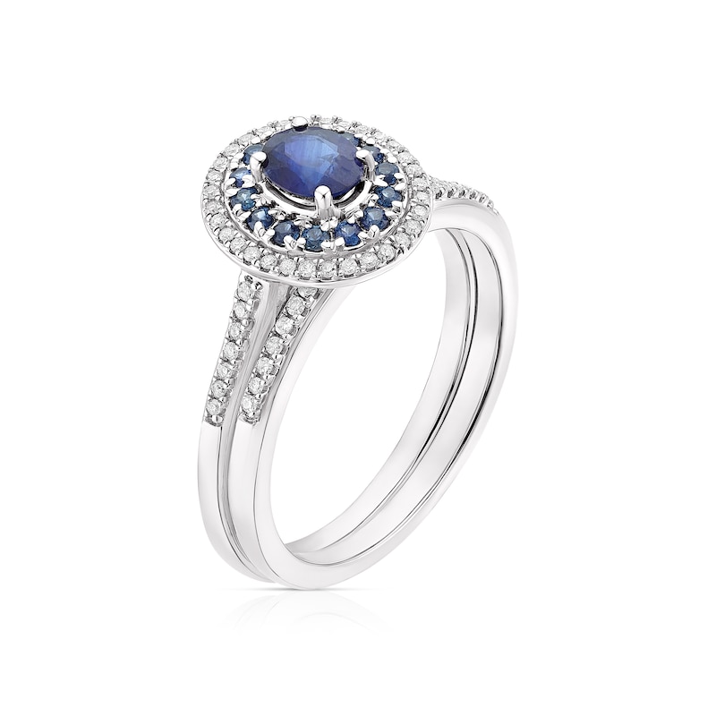 Main Image 2 of Perfect Fit 9ct White Gold Sapphire Oval Double Halo 0.15ct Diamond Bridal Set