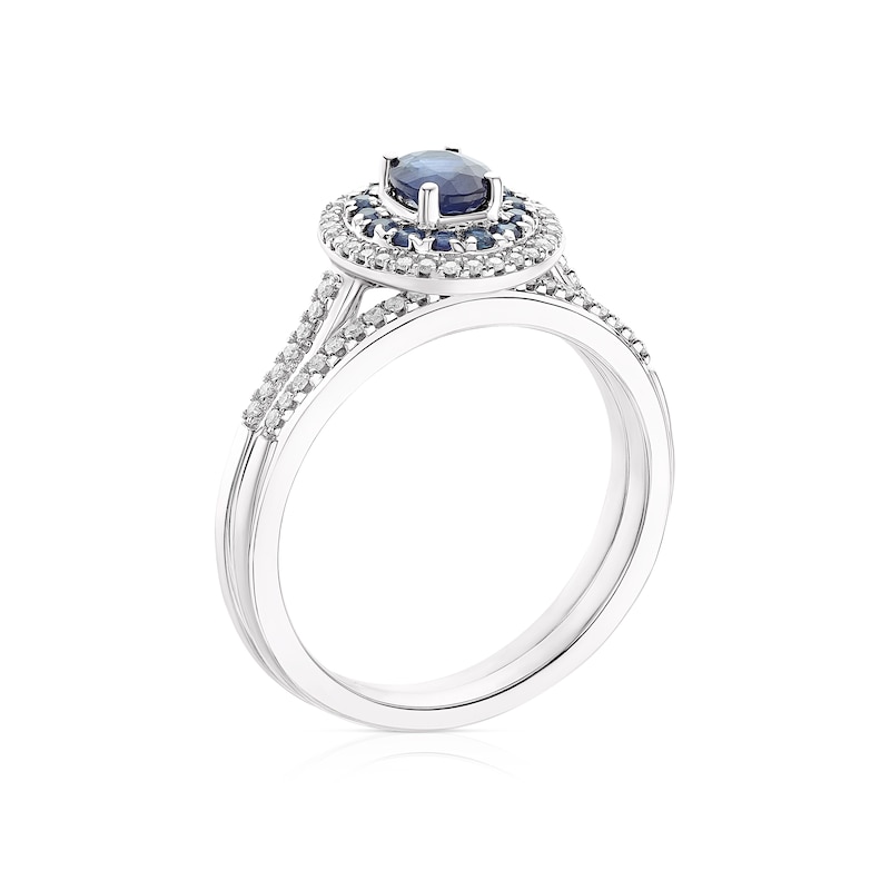Main Image 3 of Perfect Fit 9ct White Gold Sapphire Oval Double Halo 0.15ct Diamond Bridal Set