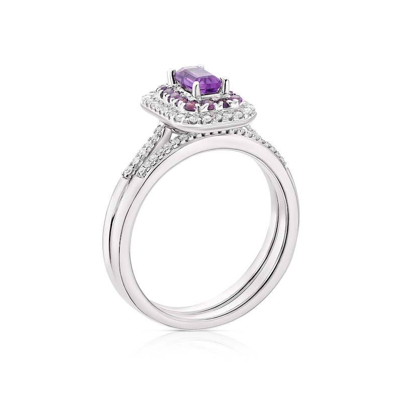 Perfect Fit 9ct White Gold Amethyst Double Halo 0.15ct Diamond Bridal Set