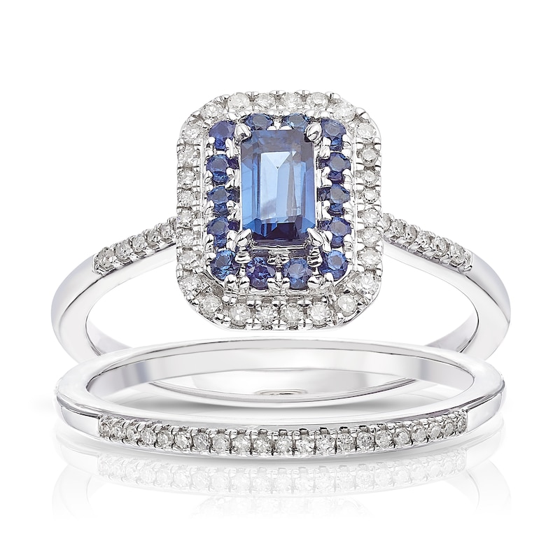 Perfect Fit 9ct White Gold Sapphire Double Halo 0.15ct Diamond Bridal Set