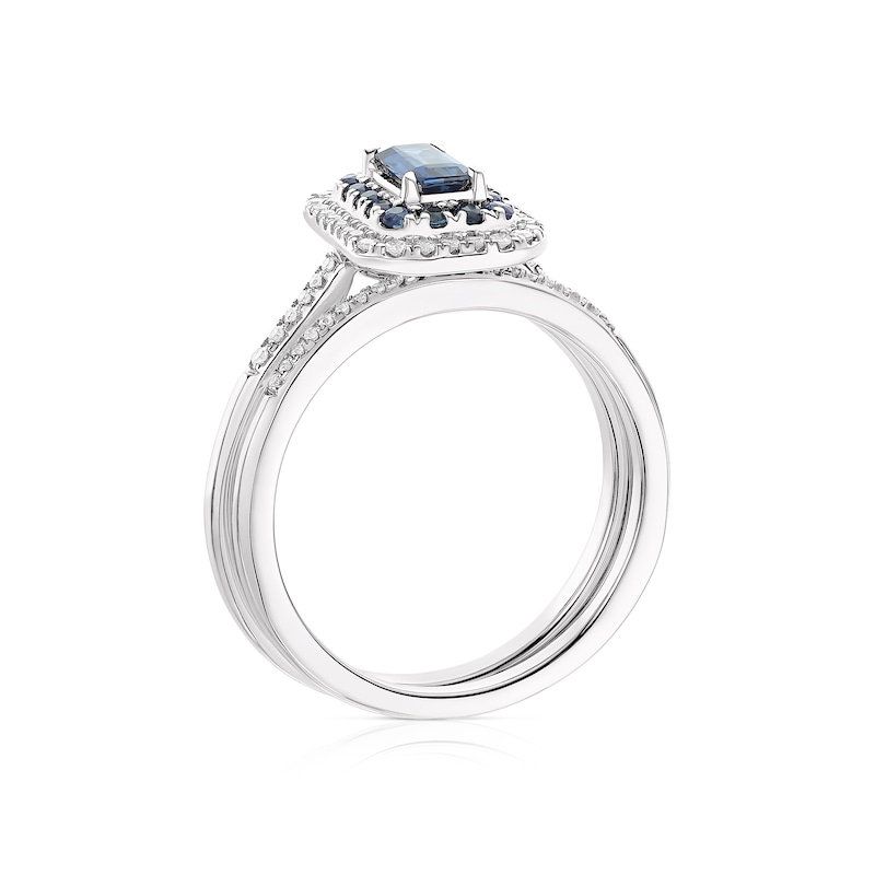 Perfect Fit 9ct White Gold Sapphire Double Halo 0.15ct Diamond Bridal Set