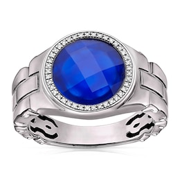 Men's Sterling Silver Synthetic Blue Onyx Diamond Detail Signet Ring