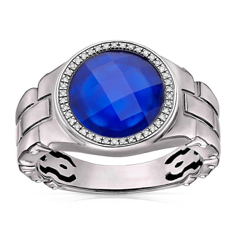 Main Image 1 of Men's Sterling Silver Synthetic Blue Onyx Diamond Detail Signet Ring