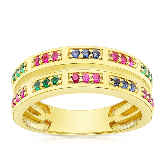 Men's Sterling Silver Gold Tone Synthetic Rainbow Gem MultiStone Ring H.Samuel