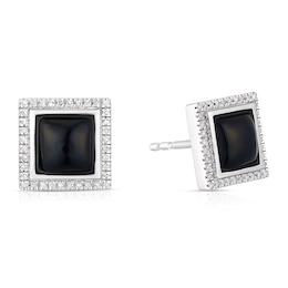 Men's Sterling Silver Onyx 0.10ct Diamond Halo Square Stud Earrings