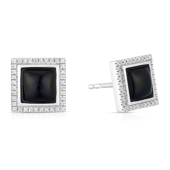 Mens Sterling Silver Onyx 0.10ct Diamond Halo Square Stud Earrings