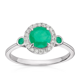 9ct White Gold Emerald 0.10ct Diamond Round Halo Ring