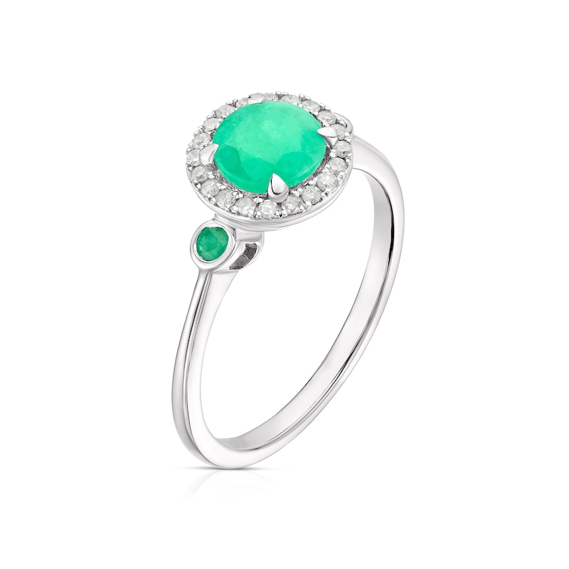 9ct White Gold Emerald 0.10ct Diamond Round Halo Ring