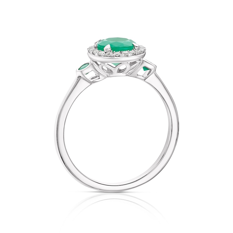 Main Image 3 of 9ct White Gold Emerald 0.10ct Diamond Round Halo Ring
