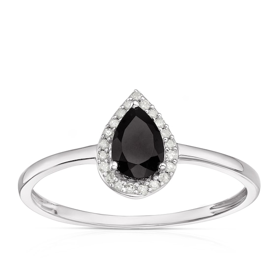 Sterling Silver Pear-Cut Black Onyx and Diamond Halo Ring