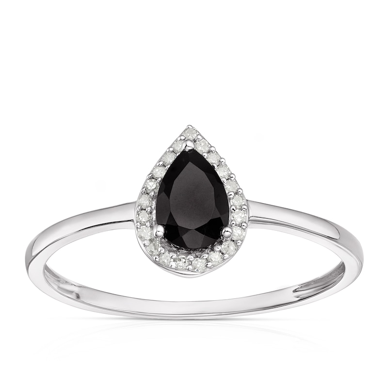 Main Image 1 of Sterling Silver Pear-Cut Black Onyx and Diamond Halo Ring
